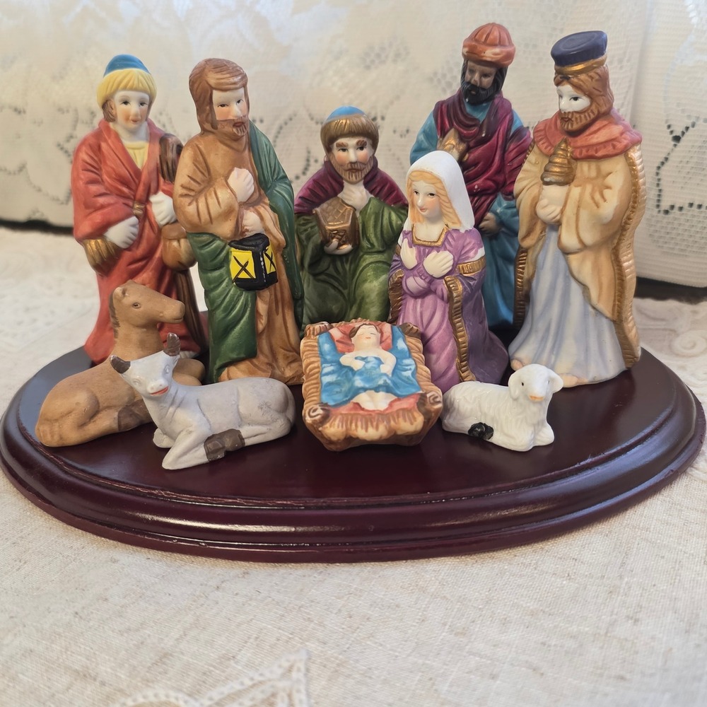 Nativity Set, 10 Piece Painted Ceramic Figurines, Wood Display Base